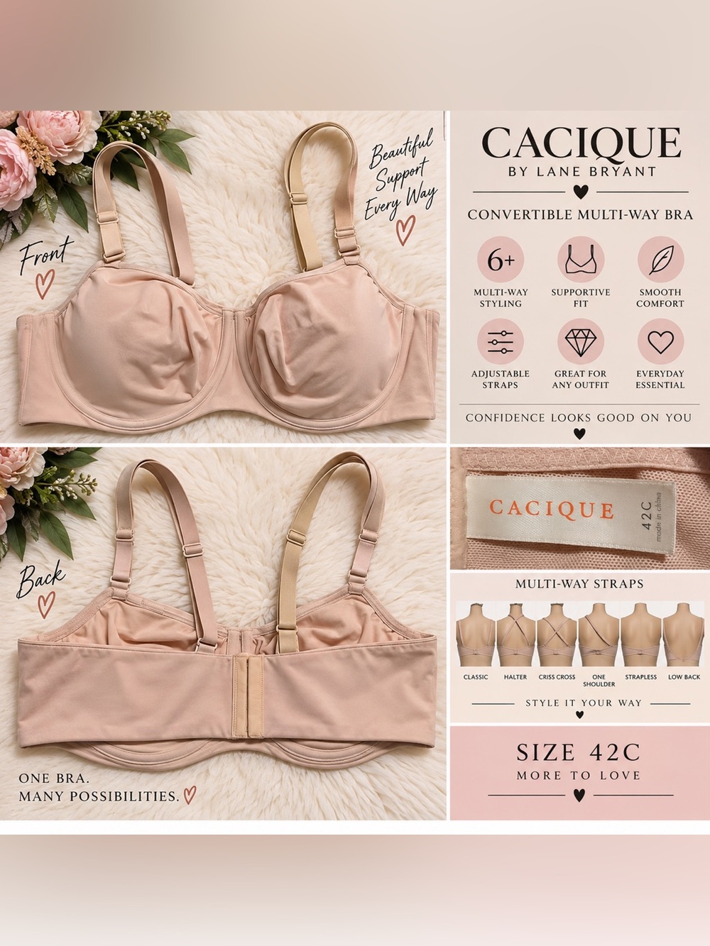 🤎 Cacique Convertible Multi-Way Bra 42C